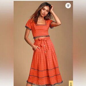 Lulus Orange Navy Skirt Set Crop Top Tassel 100% Cotton Women's Medium Lined EUC